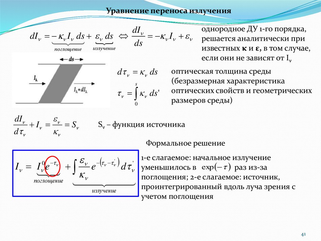 Оптическая толщина. Уравнение переноса излучения. Уравнение переноса энергии и излучения. Уравнение переноса радиации. Уравнение переноса излучения в усиливающей среде.