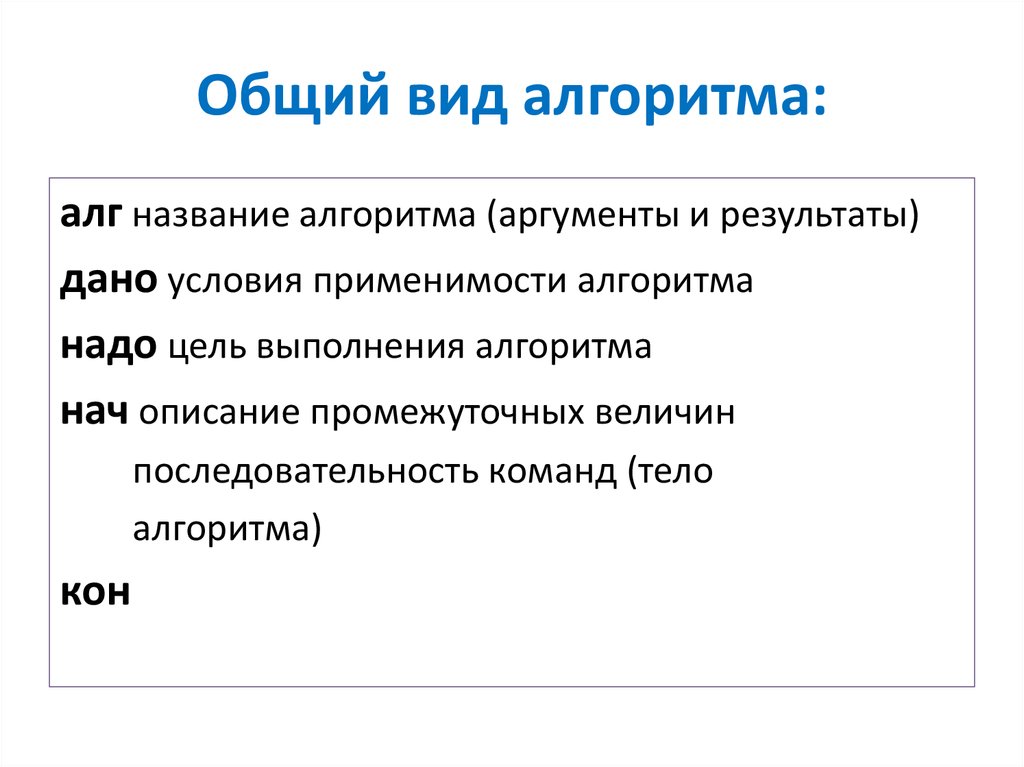 Школьный алгоритмический язык. Общий вид алгоритма. Заголовок алгоритма. Назовите Тип алгалгоритма Информатика. Применимость алгоритма это.