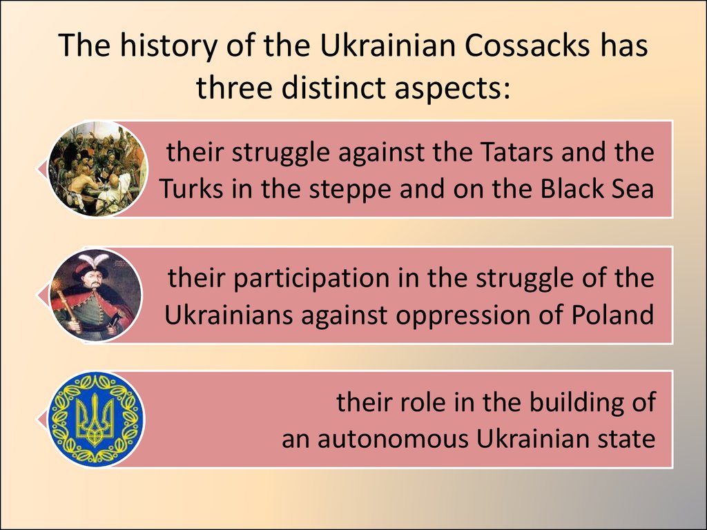The history of the Ukrainian Cossacks has three distinct aspects: