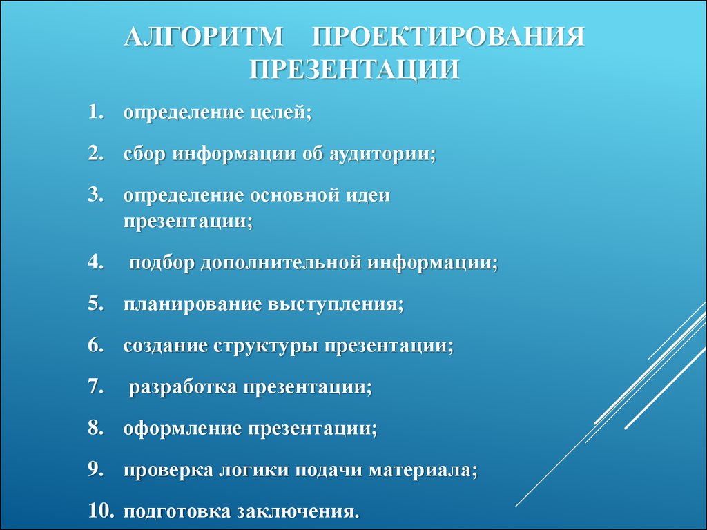 Алгоритм создания презентации включает в себя три главных этапа