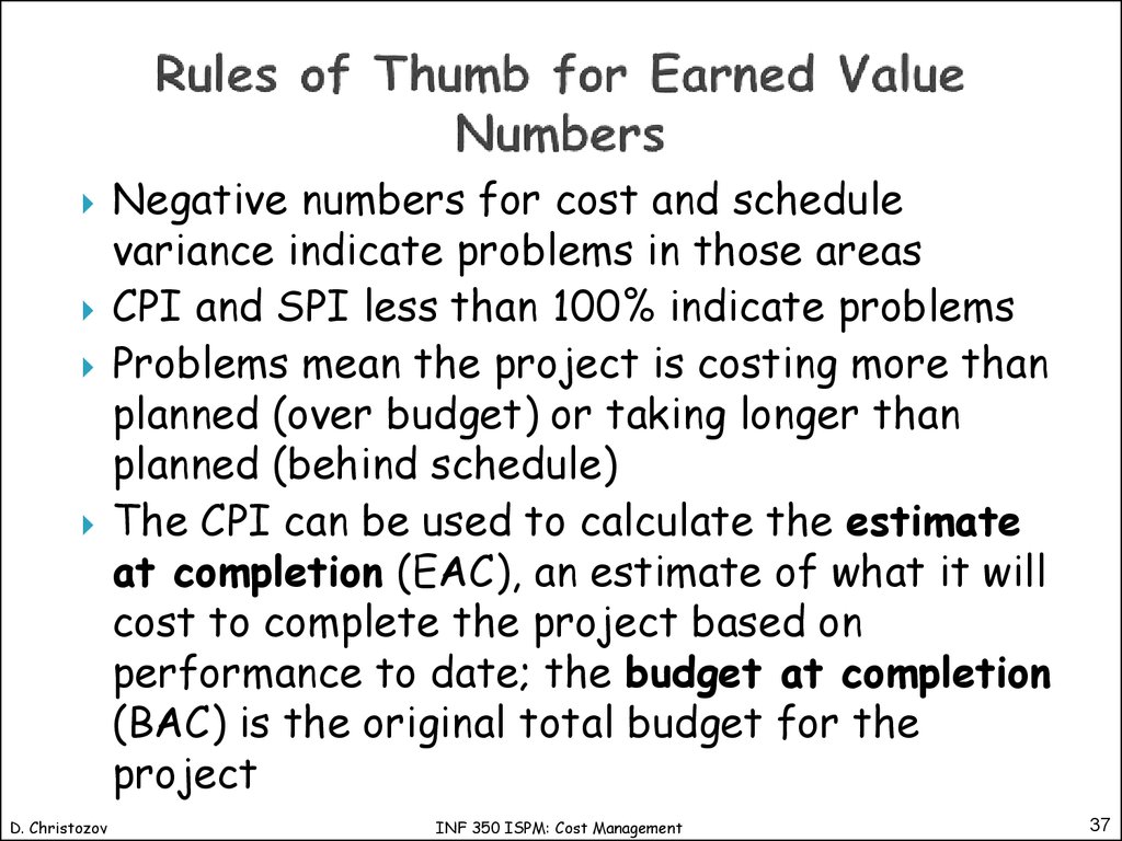 Rules of Thumb for Earned Value Numbers