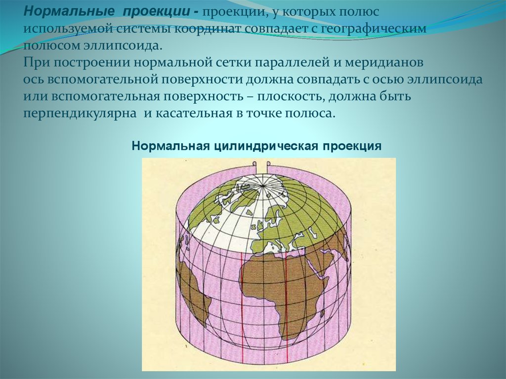 Нормальные проекции. Нормальная проекция. Картографическая система координат. Вспомогательная поверхность в картографии. Нормально цилиндрическая проекция меридианы и параллели.