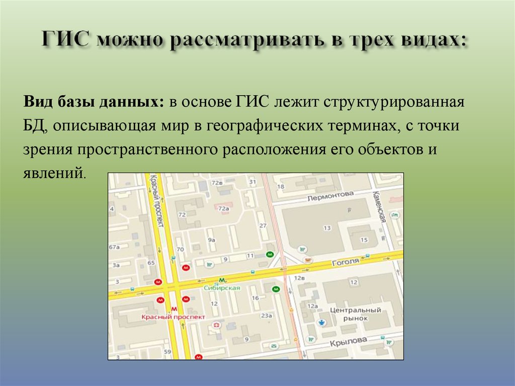 Гис виды карт. 3 Вида ГИС. ГИС можно рассматривать в трех видах. ГИС можно рассматривать в трех видах: вид базы данных:. Здание ГИС для презентации.