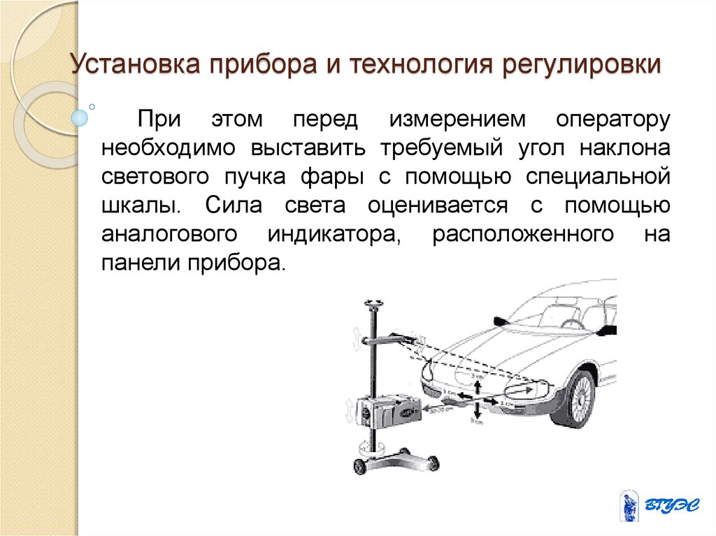 Установлена необходимость. Технологии монтажа аппарата. Измерение силы света фар автомобиля. Метод регулировки. Технология монтажа приборов.