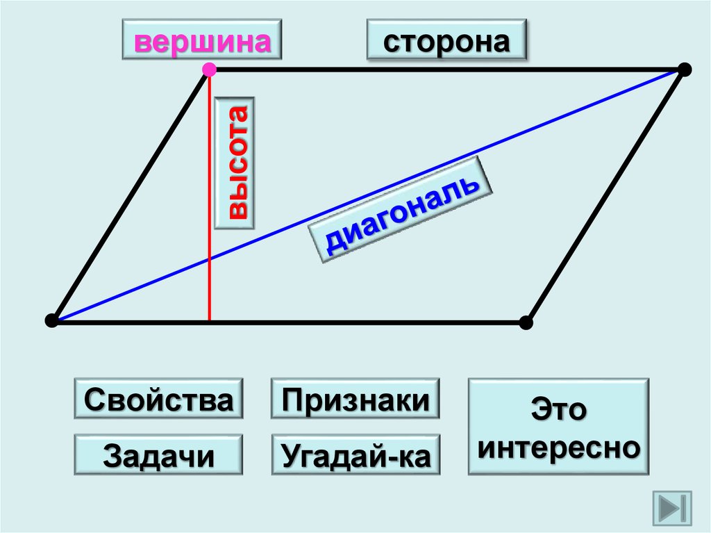 Виды параллелограмма. Вершина стороны. Диагональ высота. Свойства и признаки. Как провести высоту в прямоугольнике.