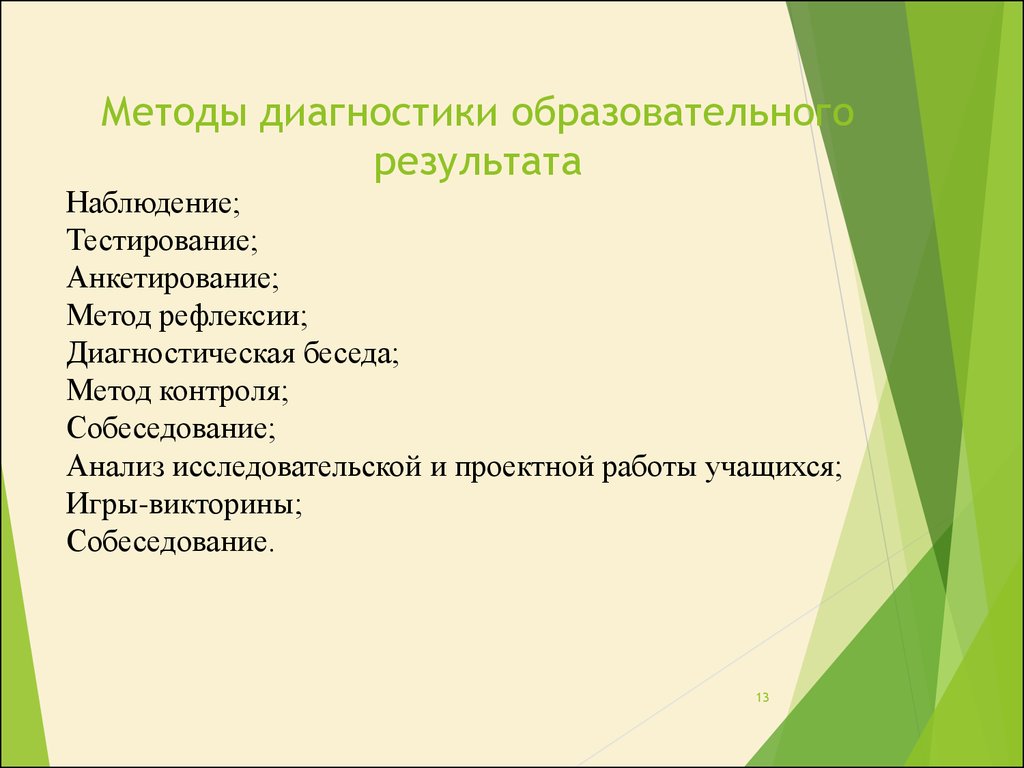 Рефлексия диагностика. План диагностическая беседа. Методы контроля наблюдение, тестирование.