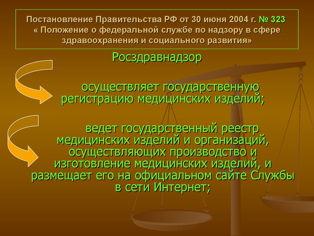 Постановление Правительства РФ от 30 июня 2004 г. № 323 « Положение о федеральной службе по надзору в сфере здравоохранения и социального разви