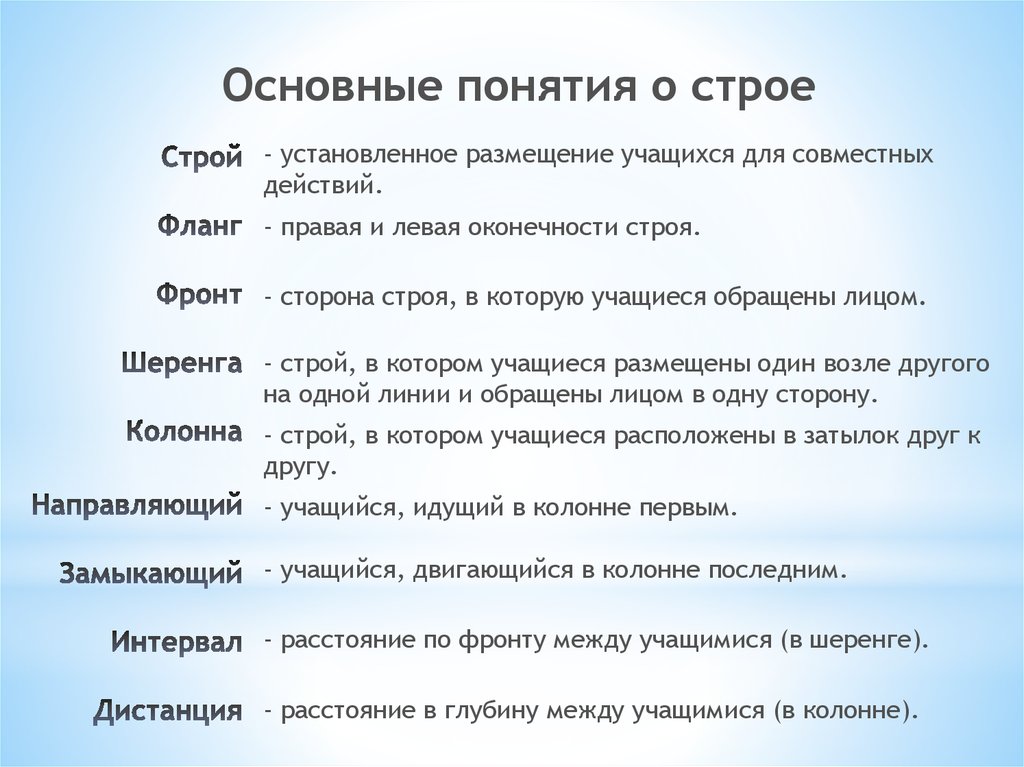 Отметьте термины. Основные понятия о строе. Основные термины строя. Строй. Что такое Строй шеренга колонна фланг интервал дистанция.