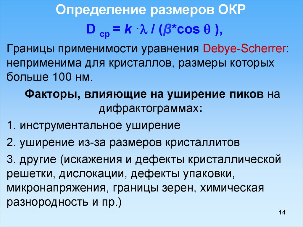 Размер окр. Уравнение идеального газа границы применимости. Уширение пиков на дифрактограмме. Границы cos.