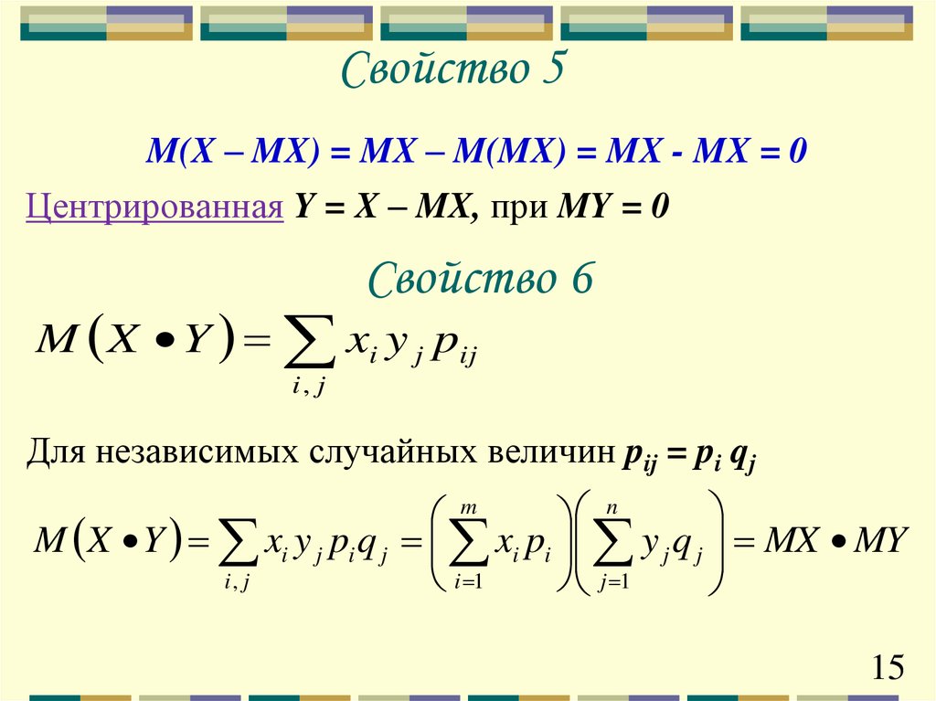 Свойство 5. Свойства центрированной случайной величины. Центрированная случайная величина. Центрированная и нормированная случайная величина. Действия над случайными величинами.