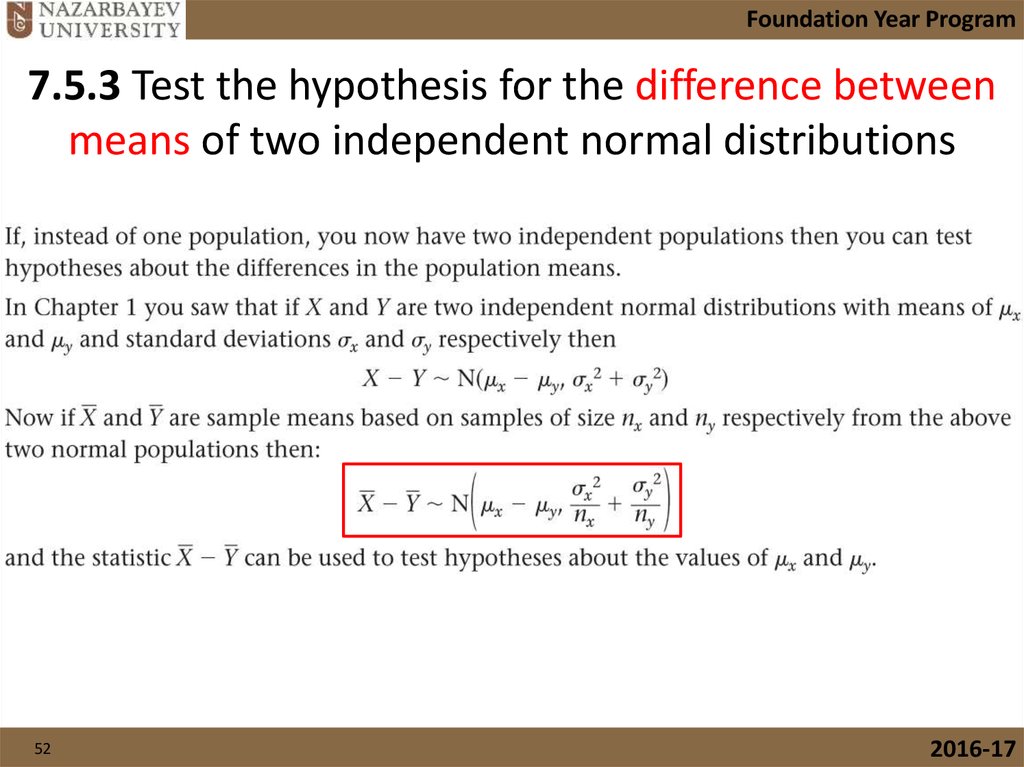 7.5.3 Test the hypothesis for the difference between means of two independent normal distributions