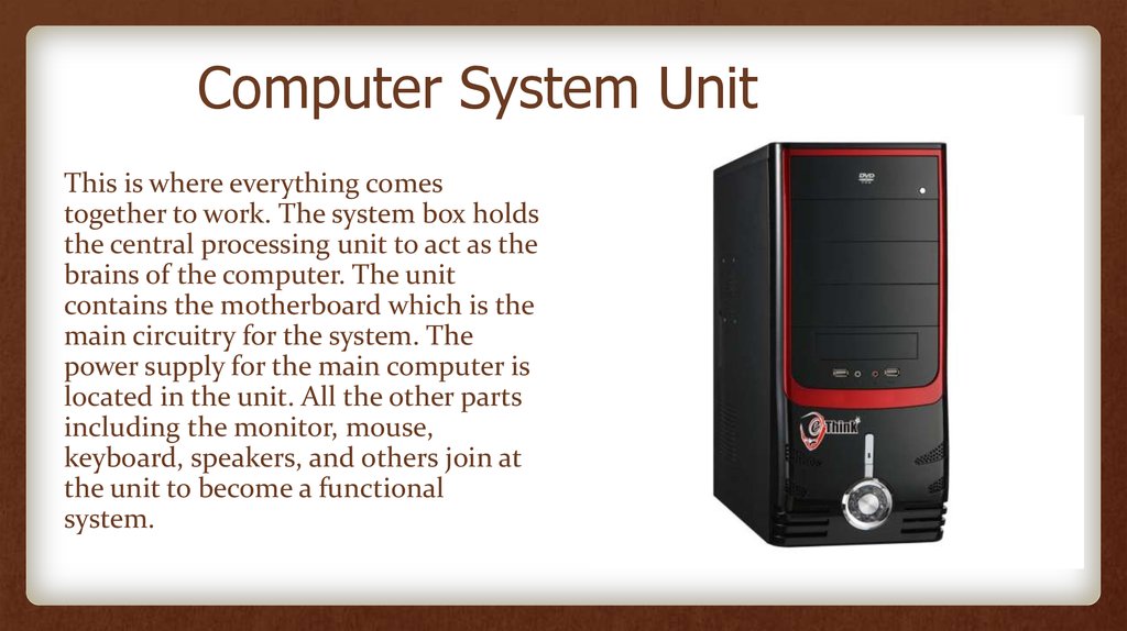 The computer is being used. Computer System. System Unit Part. What is a Computer System. Architecture and components of Computer Systems.