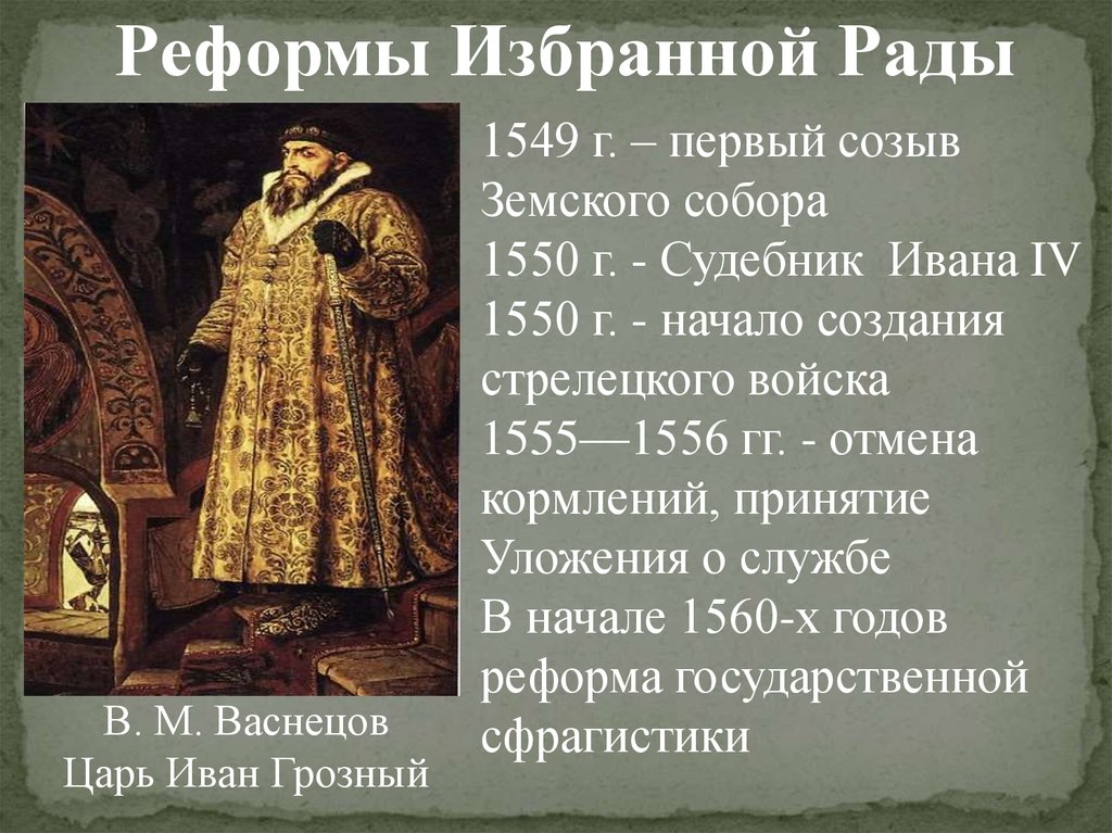 События истории ивана грозного. Реформы Ивана Грозного 1547-1560. Реформы Ивана Грозного 1549 – 1560 гг..