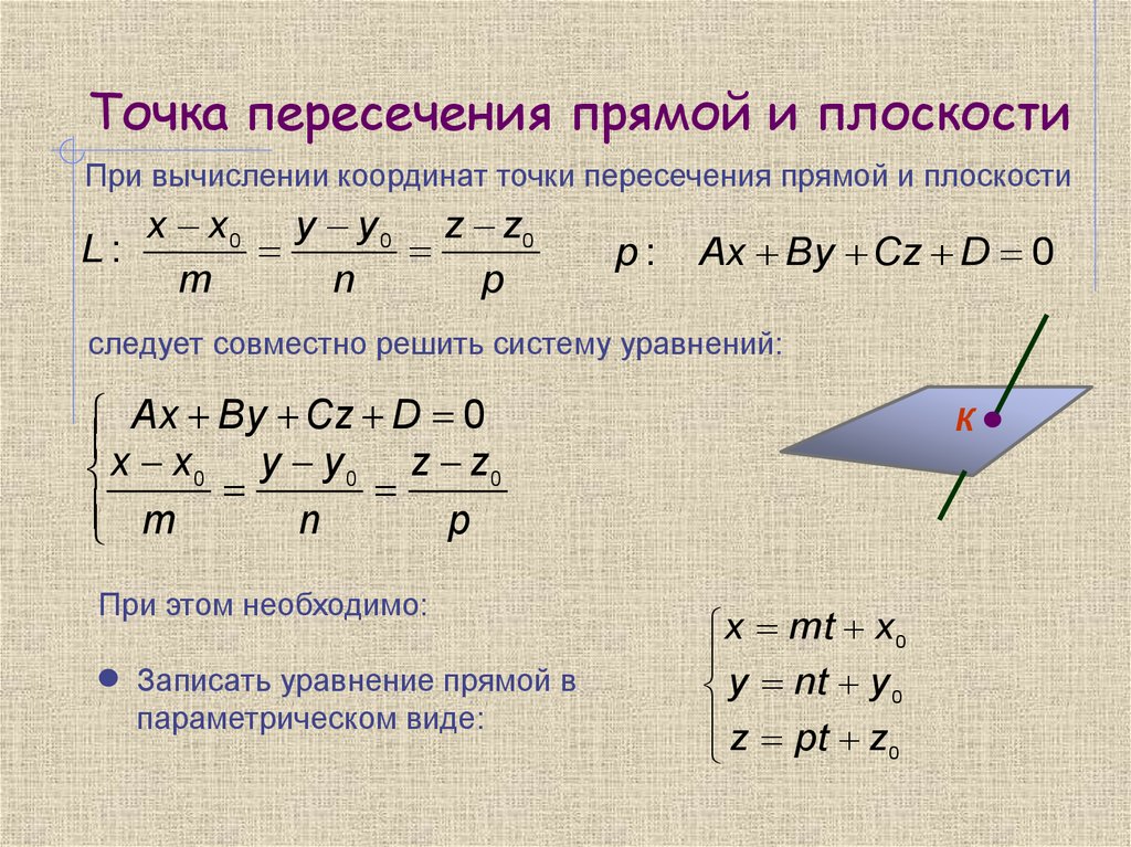 Каноническое уравнение прямой перпендикулярной плоскости. Нахождение координат точки пересечения прямой и плоскости. Каноническое уравнение прямой точки пересечения плоскостей. Найти точку пересечения прямой и плоскости по уравнениям. Как вычислить точку пересечения прямой и плоскости.