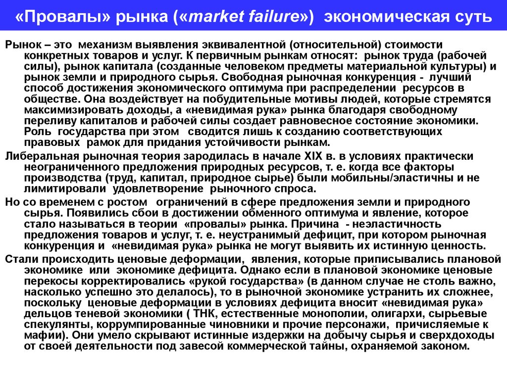 «Провалы» рынка («market failure») экономическая суть