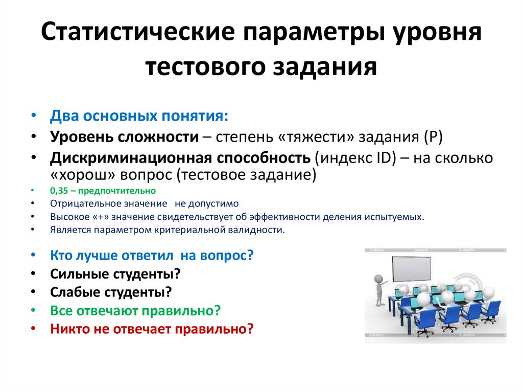 Статистические параметры. Рекомендации по составлению тестовых заданий. Уровни сложности тестовых заданий. Презентации задания с параметрами. Понятие пробные задачи.