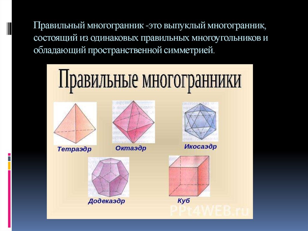 Правильный многогранник -это выпуклый многогранник, состоящий из одинаковых правильных многоугольников и обладающий пространственной си