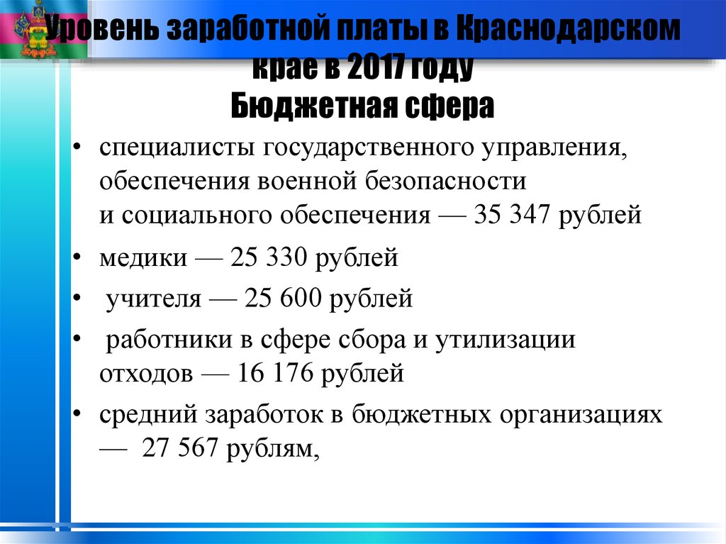 Уровень заработной платы в Краснодарском крае в 2017 году Бюджетная сфера