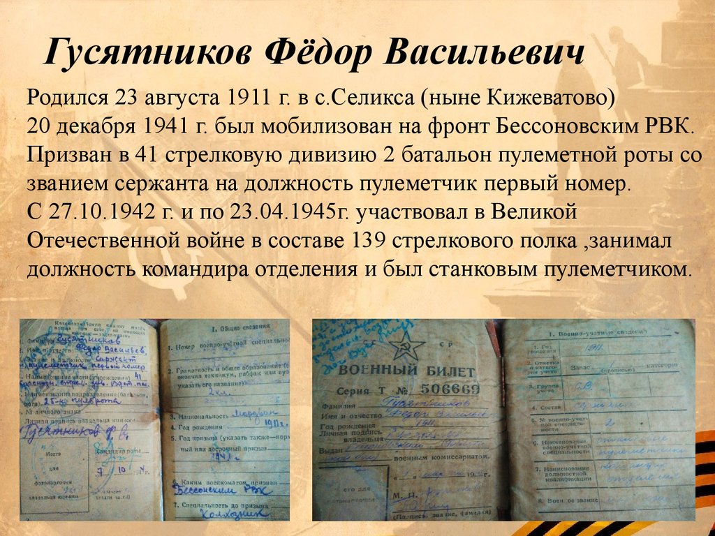 Моя семья в годы Великой Отечественной войны. Гусятников Федор Васильевич -  презентация онлайн