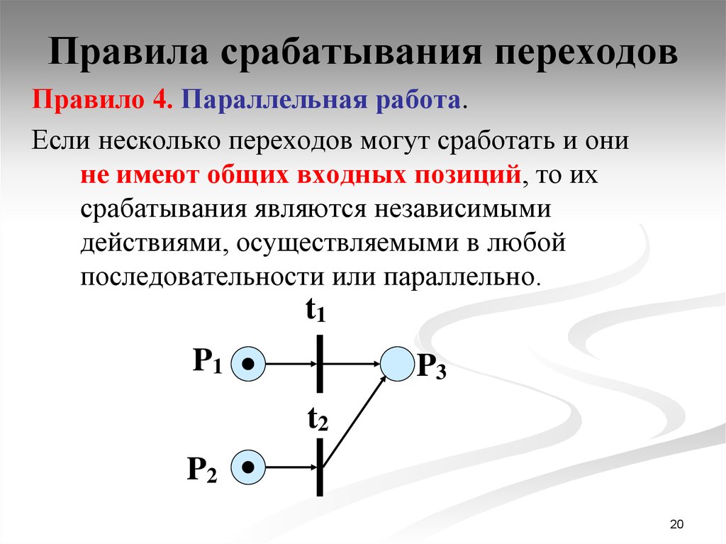 Порядок любой. Сети Петри правило срабатывания перехода. Сети Петри параллельные. Срабатывание сети Петри. Правило срабатывания.