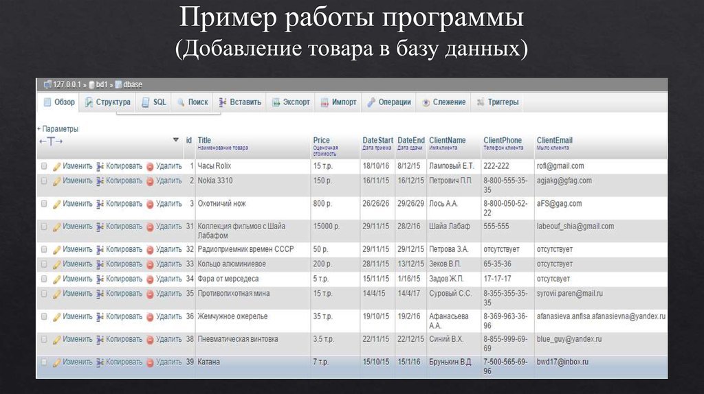 Пример работы программы (Добавление товара в базу данных)