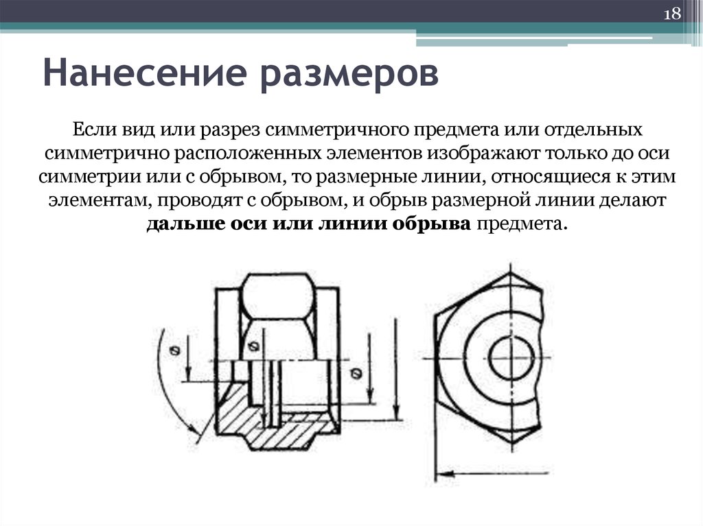 Размеры предмета. Нанесение размеров симметрично расположенных элементов. Нанесение размеров на разрезах. Простановка размеров на симметричной детали. Виды проставления размеров.