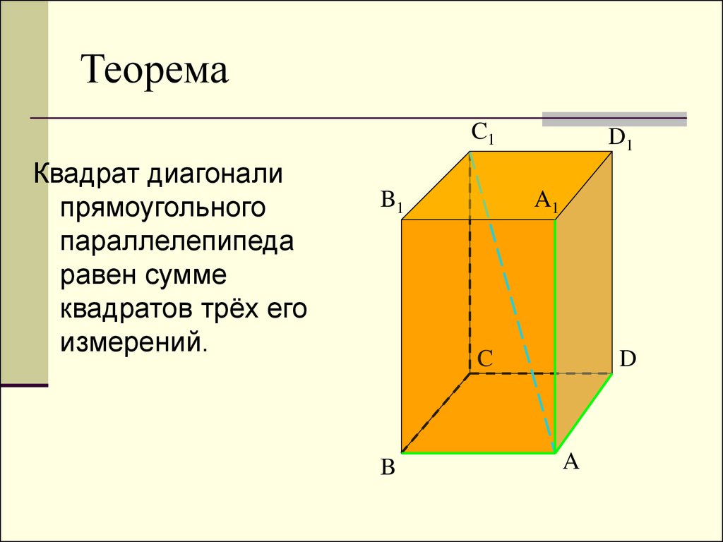 Измерения прямоугольника параллелепипеда равны. Диагональ прямоугольного параллелепипеда равна. Теорема квадрат диагонали прямоугольного параллелепипеда равен. Докажите теорему о диагонали прямоугольного параллелепипеда 10 класс. Прямоугольный параллелепипед сумма квадрата трех измерений.