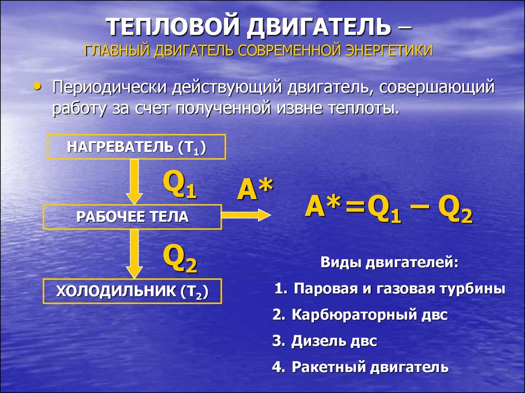 Термодинамика тепловые двигатели. Тепловой двигатель совершает за счет. Периодически действующие тепловые двигатели. Нагреватель рабочее тело холодильник.