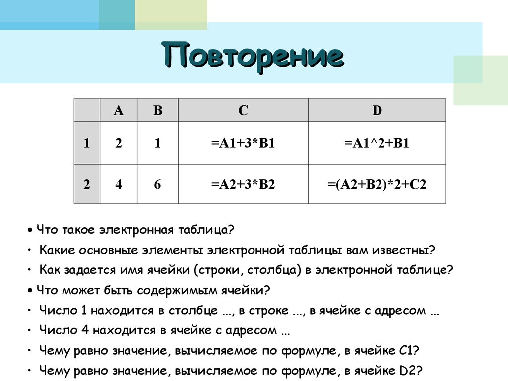 Адрес клетки электронной таблицы это имя