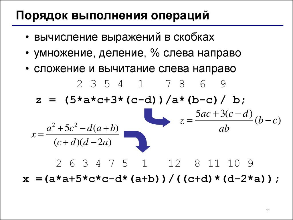 Деление слева. Умножение выражений в скобках. Что такое выражение в языке си?. Выражения в скобках. Вычисление выражений: порядок выполнения операций.