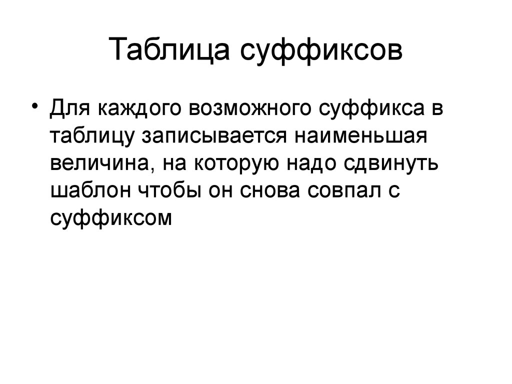 Наименьшая величина. Формирование таблицы суффиксов Бойера Мура.