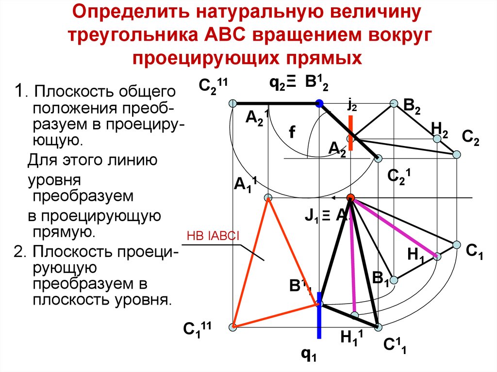 Натуральная величина. Преобразование чертежа натуральная величина треугольника. . Определить натуральную величину треугольника АВС. Вращением. Способ вращения вокруг проецирующей прямой. Натуральная величина треугольника способом вращения.