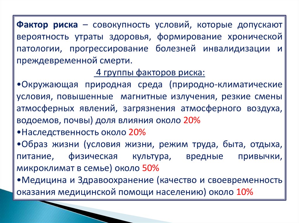 Совокупность условий определяющих. Факторы риска здоровья населения. Природно-климатические факторы риска здоровья. Факторы риска заболеваний и потери здоровья. 4 Группы факторов риска.