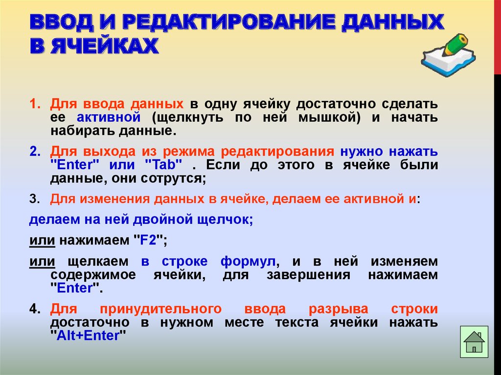 Табличный процессор ms excel ввод и редактирование данных