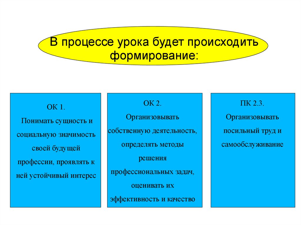 Процесс урока. Определить методы решения профессиональных задач. Организовывать собственную деятельность. Организовывать посильный труд и самообслуживание.. Ок 2 организовывать собственную.