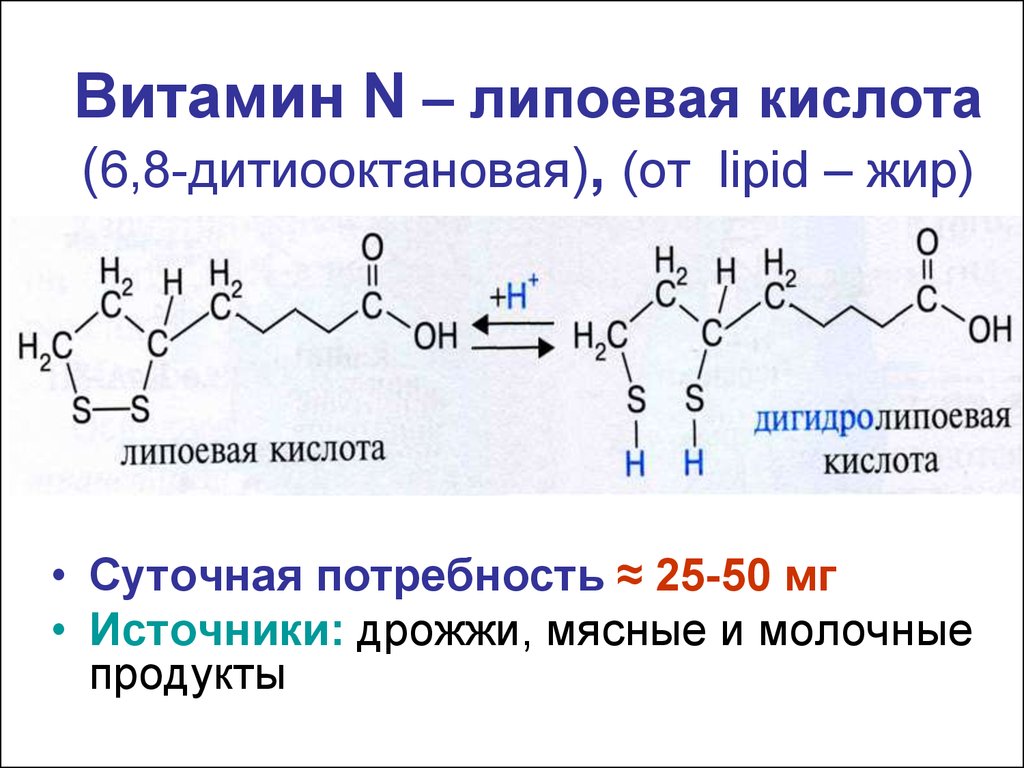 Витамин N – липоевая кислота (6,8-дитиооктановая), (от lipid – жир)