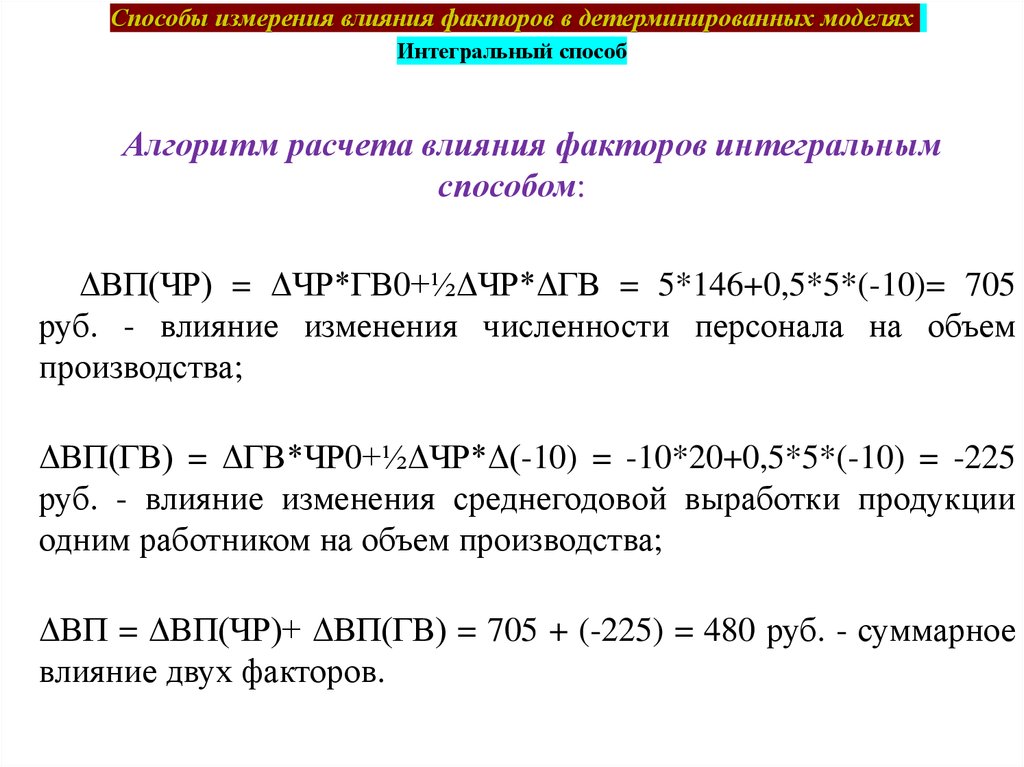 Расчет влияний. Алгоритм расчёта влияния факторов. Способы измерения влияния факторов. Способы измерения влияния факторов в детерминированных моделях. Методы расчета влияния факторов.