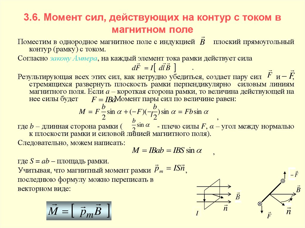 Направляющий момент. Момент сил действующих на контур с током в магнитном поле. Рамка с током в магнитном поле формула.