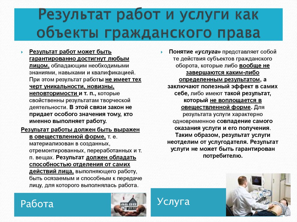 Фактические услуги это. Работы и услуги как объекты гражданских прав. Результаты работ и услуги как объекты гражданских прав. Результаты работ это в гражданском праве. Работы и услуги как объекты гражданских правоотношений.