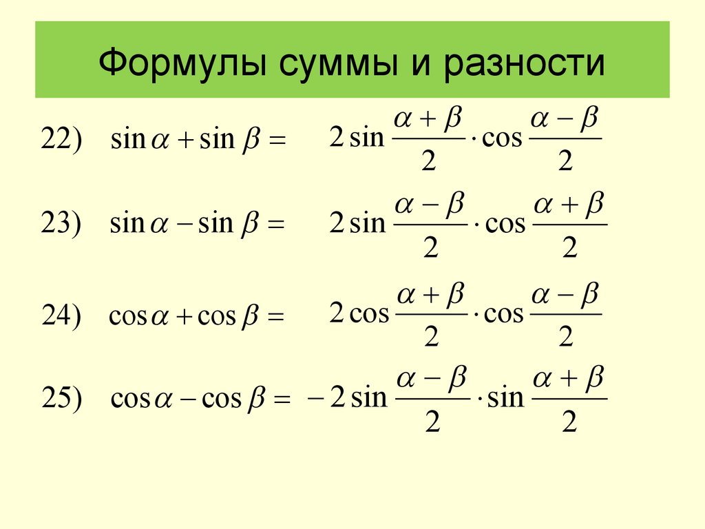 Сумма синусов. Триг формулы суммы и разности. Формулы преобразования суммы и разности. Формулы тригонометрии формулы разности. Формулы суммы и разности тригонометрических функций тангенс.