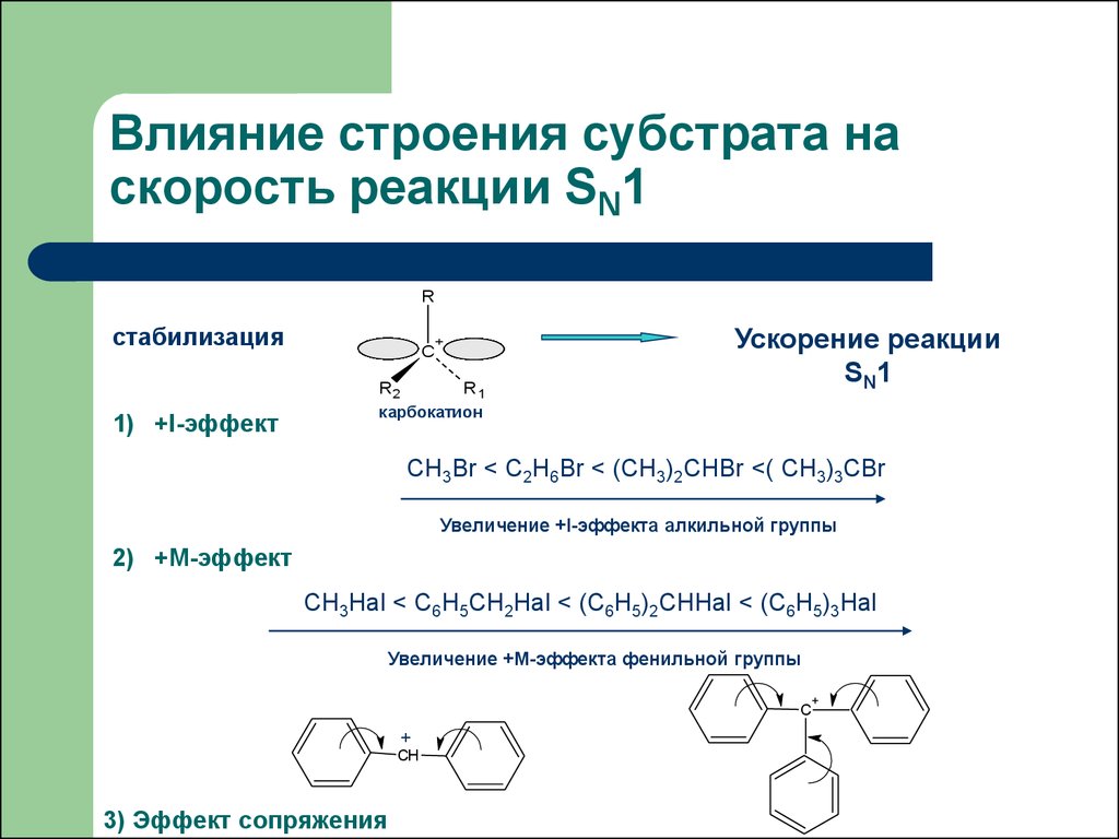 Влияние структуры. Скорость реакции sn1. Скорость реакции замещения sn1. Строение субстрата в реакции SN. Влияние субстрата на скорость реакции.