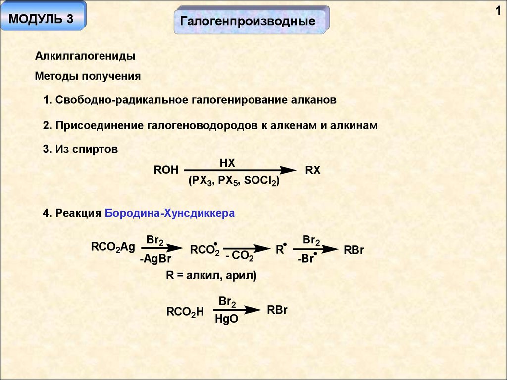 Радикальный реакции алканов. Присоединение алкилгалогенидов. Способы получения галогенпроизводных. Методы синтеза алкилгалогенидов. Получение алкилгалогенидов из спиртов.