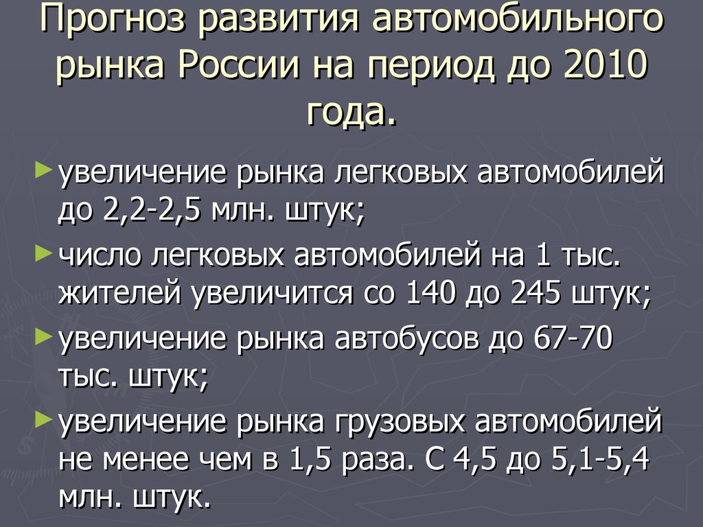 Прогноз развития автомобильного рынка России на период до 2010 года.