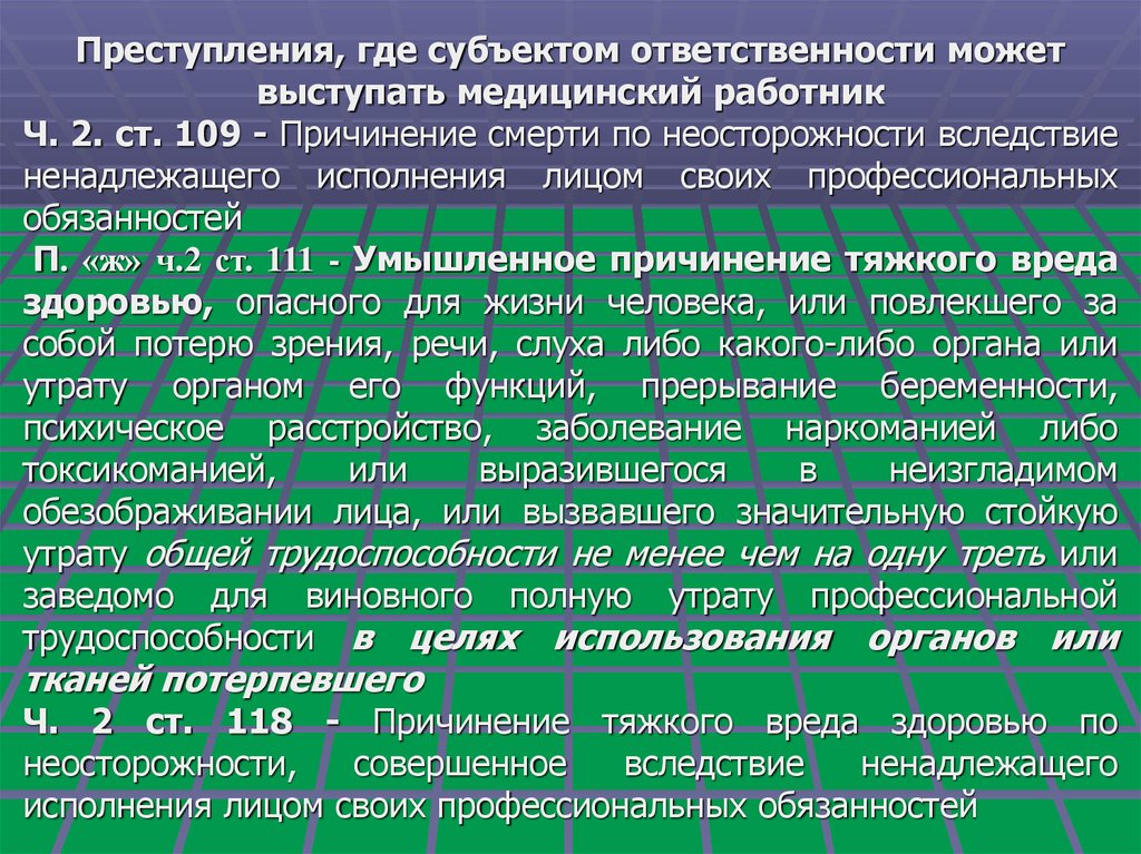 Преступление где. Ненадлежащего исполнения лицом своих профессиональных обязанностей. Ненадлежащее исполнение своих профессиональных обязанностей умысел. Ненадлежащее исполнение медицинское профессиональных обязательств. Убийство в целях использования органов или тканей потерпевшего.