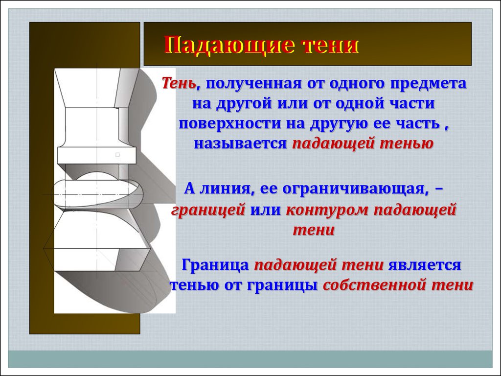 Изображение видимой части поверхности предмета. Получение тени модели. Часть поверхности ограниченная линией. Тенью чего является граница падающей тени объекта? –. На разных сторонах поверхности.