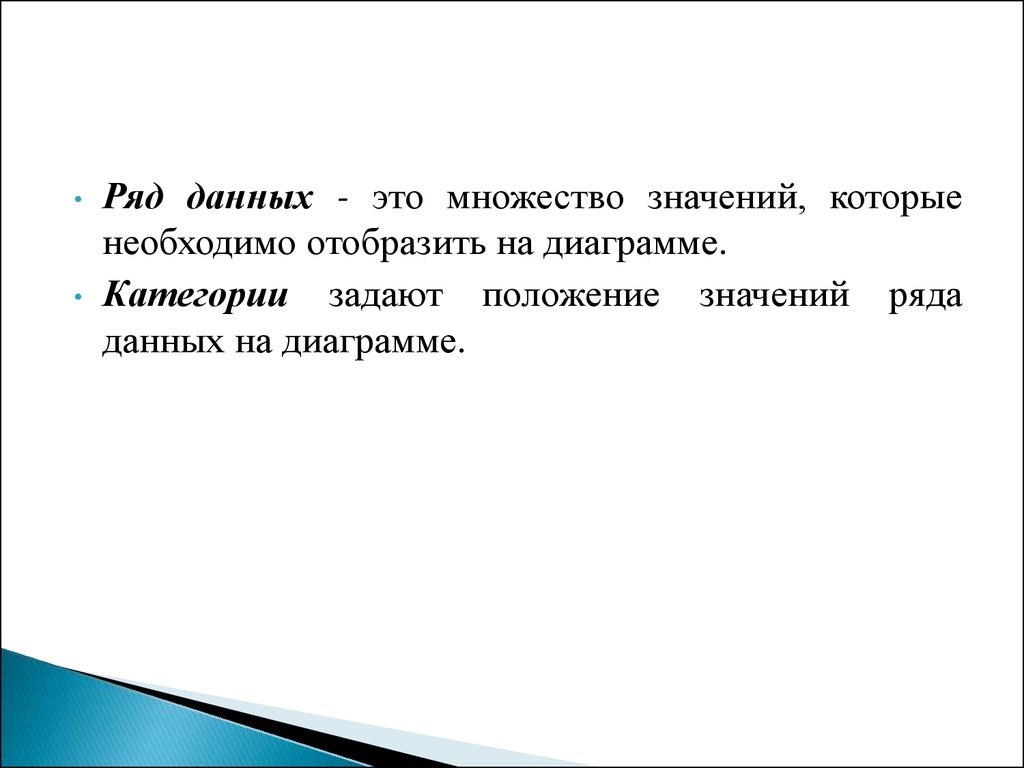 Вид ряда данных. Ряд данных. Множество значений которые необходимо Отобразить на диаграмме. Задают положение значений ряда данных на диаграмме. Общий ряд данных это.