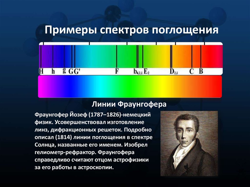 Спектральный физик. Спектральные линии в спектрах испускания и поглощения. Спектроскоп спектр поглощения. Спектр испуспускание поглощения солнца. Йозеф Фраунгофер спектр.