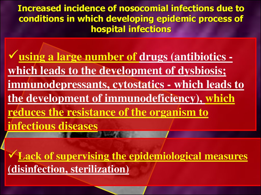 Increased incidence of nosocomial infections due to conditions in which developing epidemic process of hospital infections