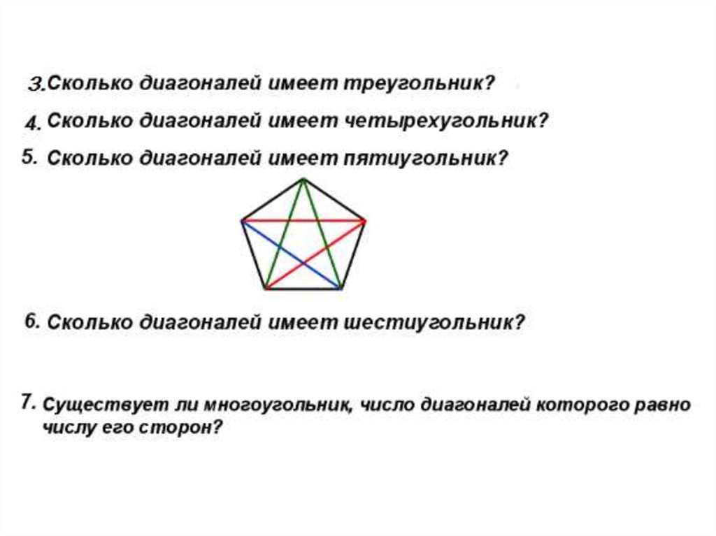 Виды диагоналей. Диагонали пятиугольника. Сколько всего диагоналей имеет пятиугольник. Сколько диагоналей имеет треугольник. Сколько треугольников в шестиграннике.