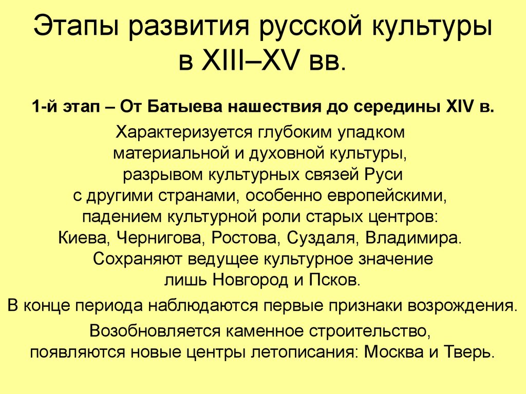 Этапы развития русской культуры в XIII–XV вв.